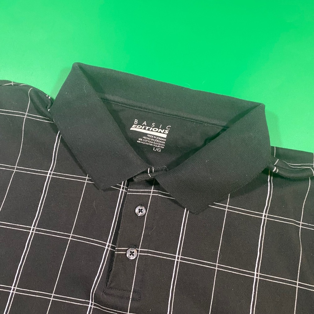 Basic Editions Mens Black White Plaid Polo Shirt Size Large Golf Casual‎